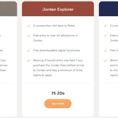 Porównanie cen Jordan Pass: Wanderer (70 JDs), Explorer (75 JDs) i Expert (80 JDs). Każdy pakiet oferuje wejście do Petry i ponad 40 atrakcji.