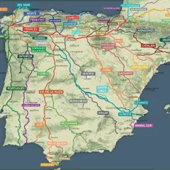 Mapa szlaków św. Jakuba z Polski do Hiszpanii. Wiele tras, m.in. Via de la Plata, Camino Portugués, Camino Francés.