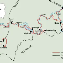 Mapa przedstawia velo dunajec trasa z Zakopanego przez Nowy Targ, Czorsztyn do Nowego Sącza.