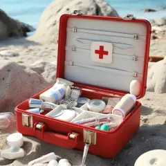 Czerwona apteczka na plaży, pełna leków i akcesoriów. Pomyśl, jakie leki na wyjazd za granicę zabrać, by czuć się bezpiecznie.