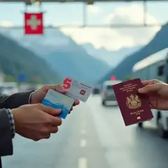 Przekraczanie granicy Szwajcarii. Czy do Szwajcarii trzeba paszport? W tle flaga Szwajcarii i góry.