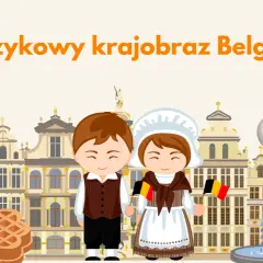 Dzieci z flagami Belgii na tle brukselskich kamienic i Atomium. Poznajcie język w Belgii!