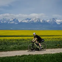 Rowerzystka pokonuje trasę rowerem dookoła Tatr w jeden dzień, mijając kwitnące pola rzepaku i ośnieżone szczyty.