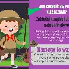 Dziecko w stroju harcerza, z flagą i wielkim kleszczem, uczy jak chronić się przed kleszczami, zakładając czapkę.