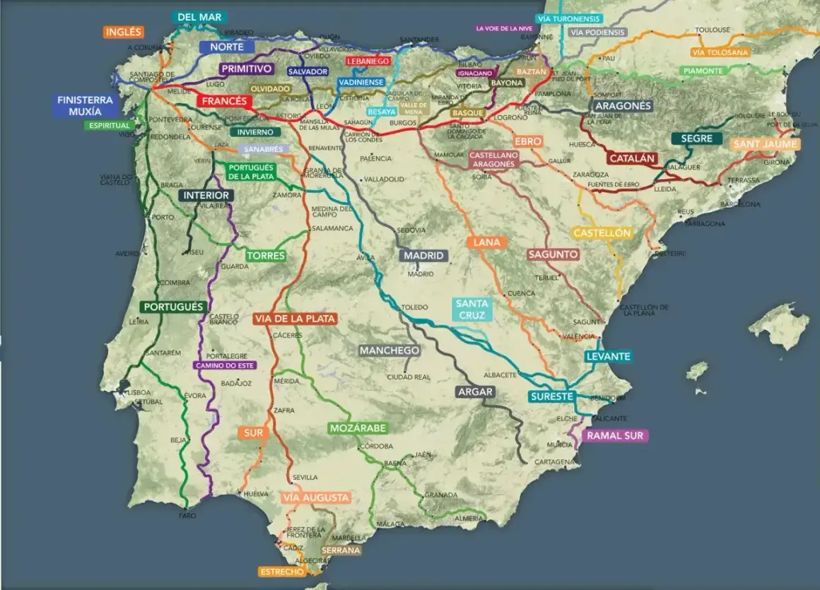 Mapa szlaków św. Jakuba z Polski do Hiszpanii. Wiele tras, m.in. Via de la Plata, Camino Portugués, Camino Francés.