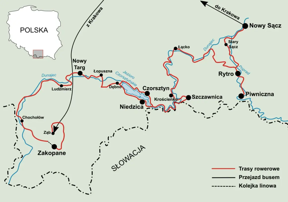 Mapa przedstawia velo dunajec trasa z Zakopanego przez Nowy Targ, Czorsztyn do Nowego Sącza.