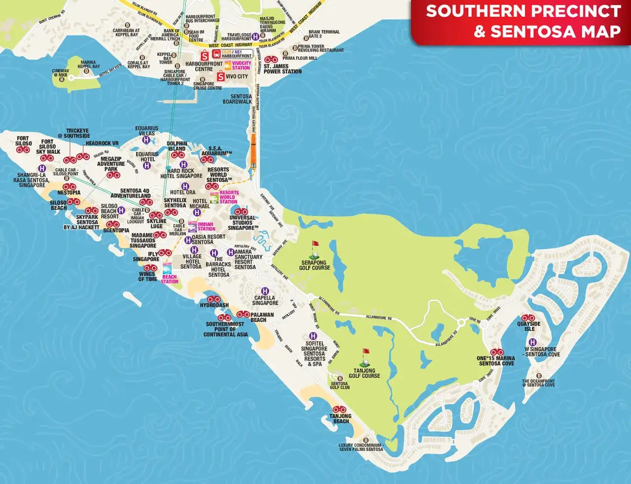Mapa pokazuje południowy Singapur, w tym wyspę Sentosa z atrakcjami jak Universal Studios, S.E.A. Aquarium i plaże.